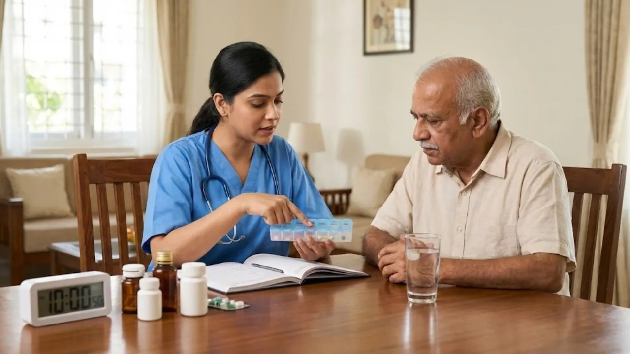 Nurse giving medication to elderly patient