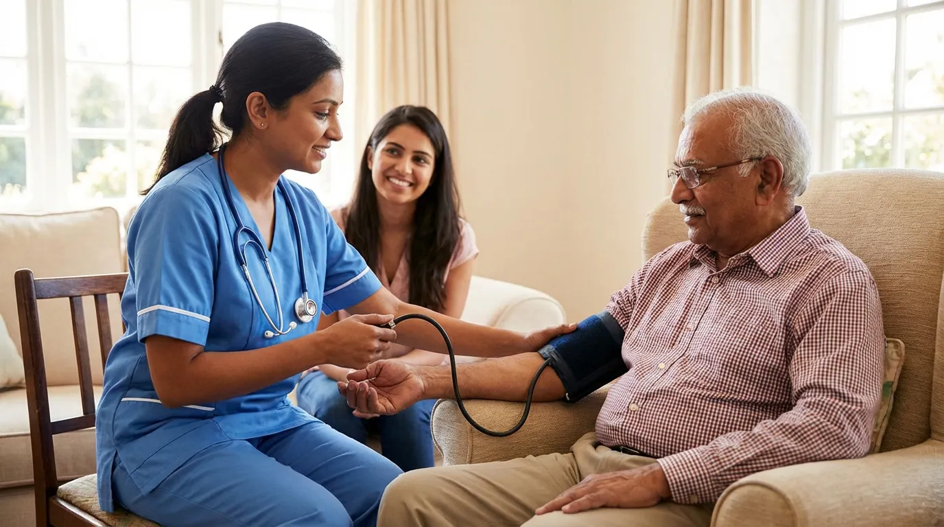 Nurse checking patient blood pressure